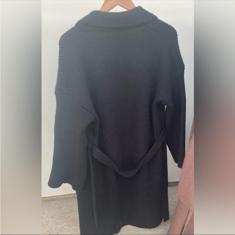 Chunky Below the knee Rib Belted With Pockets Black Cardigan Coat - Picture 11 of 14
